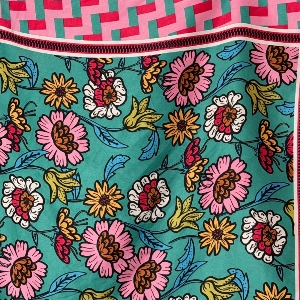 Zara Floral Geometric Square Scarf Pink Teal Green Silk Feel Neckerchief 26x28.5